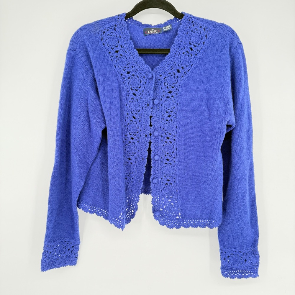OBR Women's Blue Wool Blend Crochet Trim Cardigan Sweater L